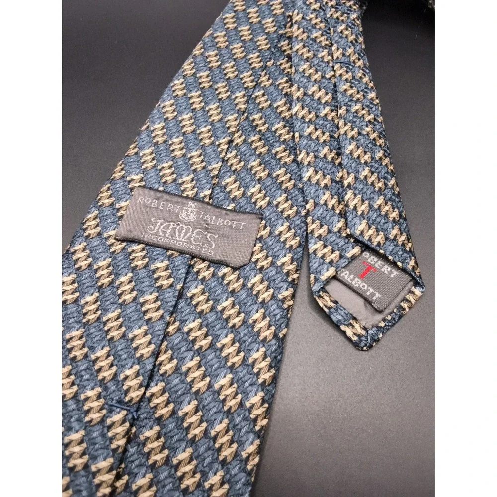 Robert Talbott James INC Men's Silk Tie Blue Gold Beige Woven Geometric Pattern